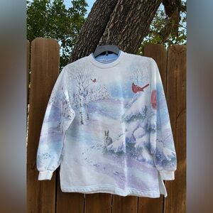 Vintage "Beautiful Winter Landscape" all over print sweatshirt size M.